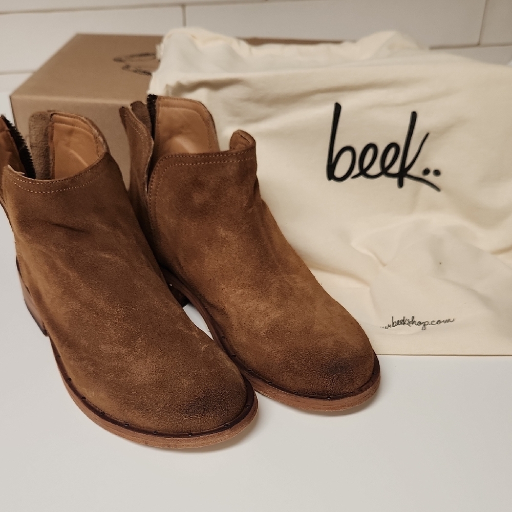 Beek Brown Suede Ankle Booties with Low Heel
